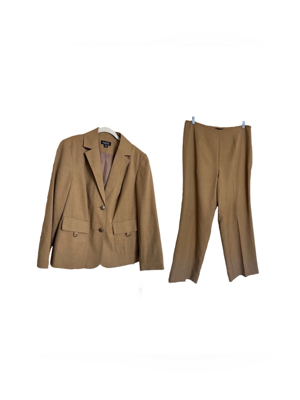 Isabella Classy Button Up Blazer & Pants 2 Piece Suit Sz 14W Tan Camel Business